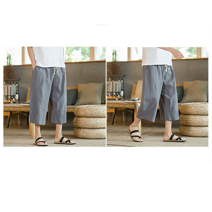 Buddha Stones Solid Color Mid-Length Wide Leg Pants Cotton Men's Wide Leg Pants With Pockets