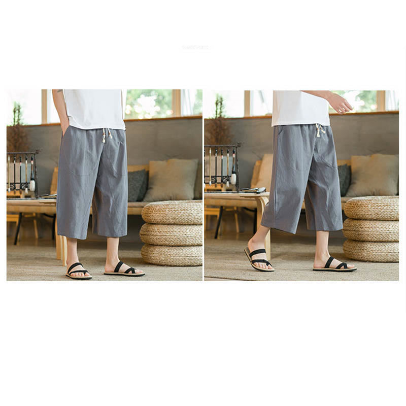Buddha Stones Solid Color Mid-Length Wide Leg Pants Cotton Men's Wide Leg Pants With Pockets - image 48