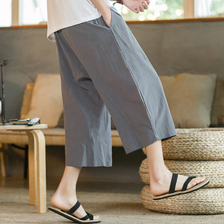 Buddha Stones Solid Color Mid-Length Wide Leg Pants Cotton Men's Wide Leg Pants With Pockets - image 45