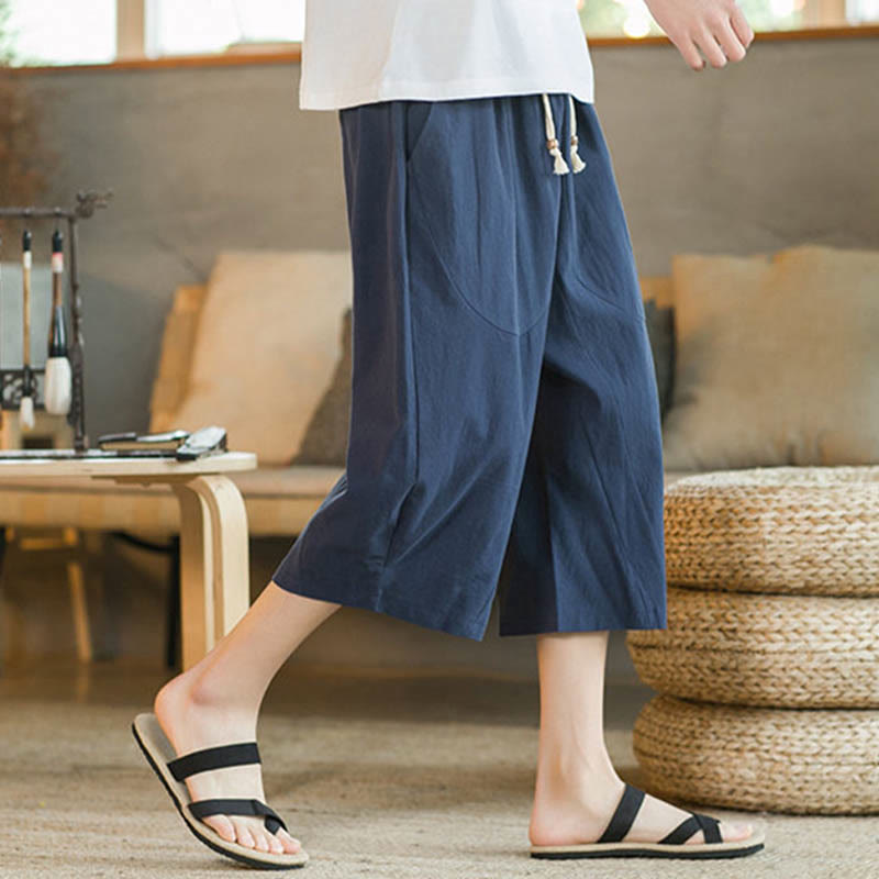 Buddha Stones Solid Color Mid-Length Wide Leg Pants Cotton Men's Wide Leg Pants With Pockets