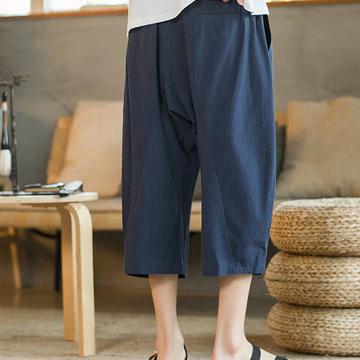 Buddha Stones Solid Color Mid-Length Wide Leg Pants Cotton Men's Wide Leg Pants With Pockets - image 23