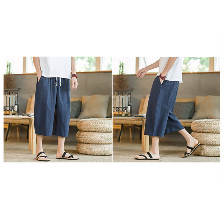 Buddha Stones Solid Color Mid-Length Wide Leg Pants Cotton Men's Wide Leg Pants With Pockets