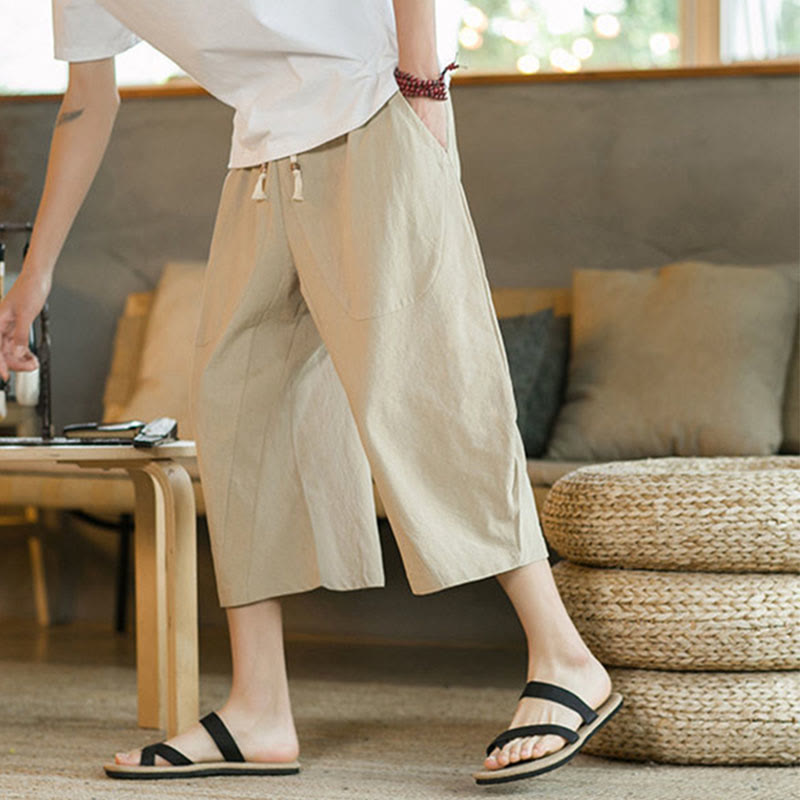 Buddha Stones Solid Color Mid-Length Wide Leg Pants Cotton Men's Wide Leg Pants With Pockets - image 15