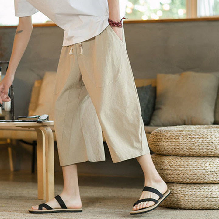 Buddha Stones Solid Color Mid-Length Wide Leg Pants Cotton Men's Wide Leg Pants With Pockets - image 15