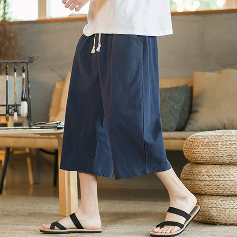 Buddha Stones Solid Color Mid-Length Wide Leg Pants Cotton Men's Wide Leg Pants With Pockets