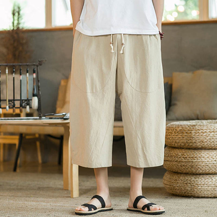 Buddha Stones Solid Color Mid-Length Wide Leg Pants Cotton Men's Wide Leg Pants With Pockets