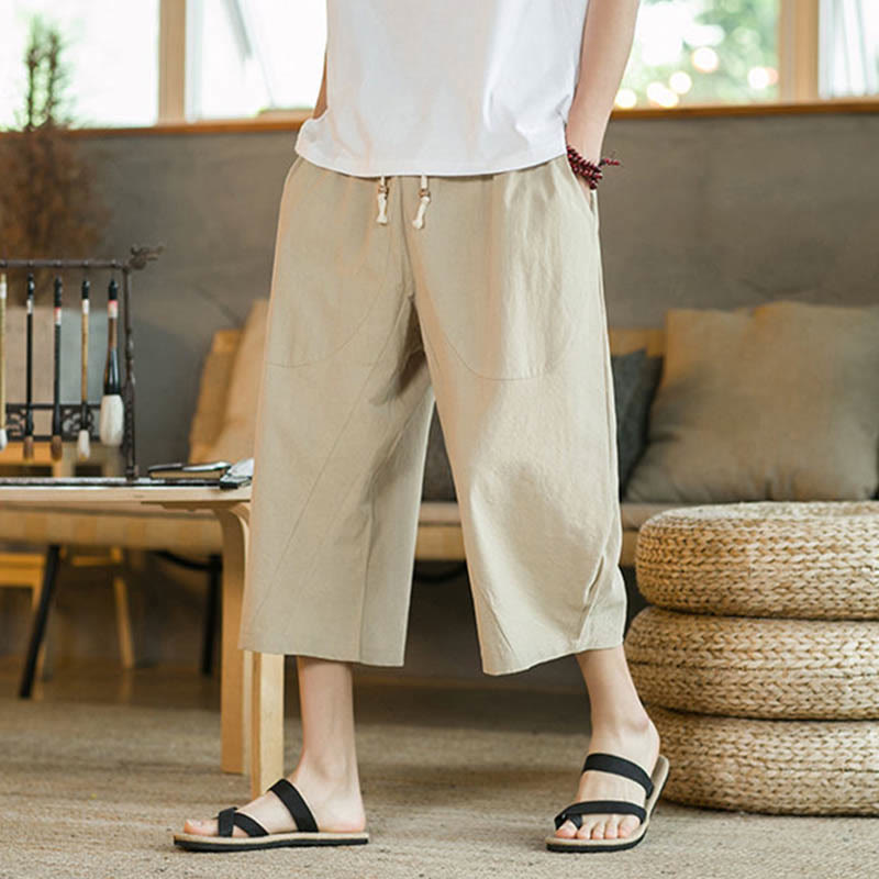 Buddha Stones Solid Color Mid-Length Wide Leg Pants Cotton Men's Wide Leg Pants With Pockets