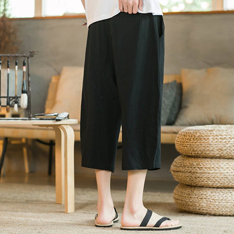 Buddha Stones Solid Color Mid-Length Wide Leg Pants Cotton Men's Wide Leg Pants With Pockets - image 3