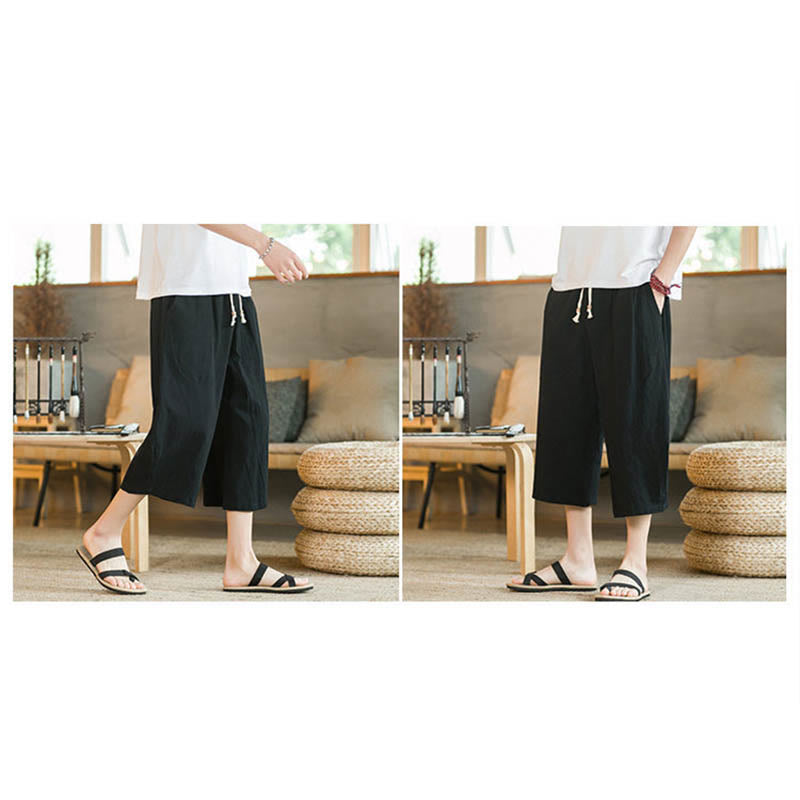 Buddha Stones Solid Color Mid-Length Wide Leg Pants Cotton Men's Wide Leg Pants With Pockets - image 11