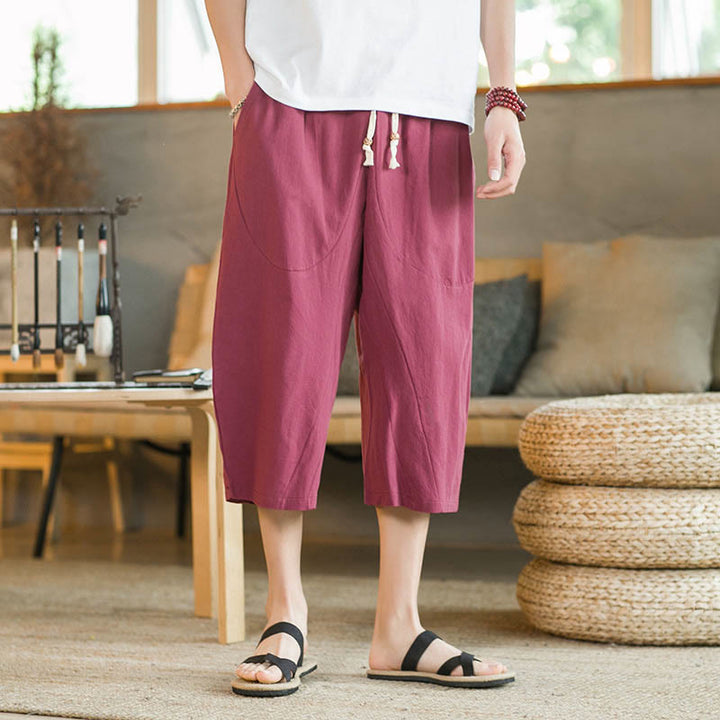 Buddha Stones Solid Color Mid-Length Wide Leg Pants Cotton Men's Wide Leg Pants With Pockets - image 33