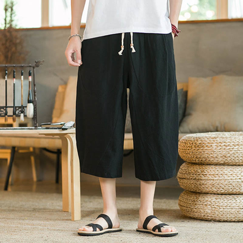 Buddha Stones Solid Color Mid-Length Wide Leg Pants Cotton Men's Wide Leg Pants With Pockets