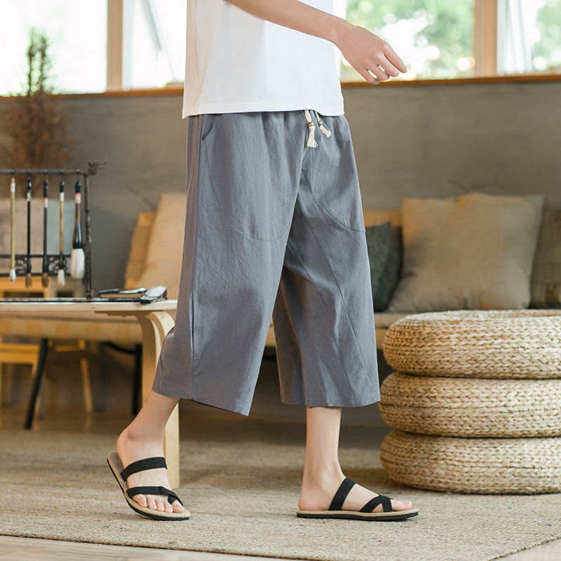 Buddha Stones Solid Color Mid-Length Wide Leg Pants Cotton Men's Wide Leg Pants With Pockets