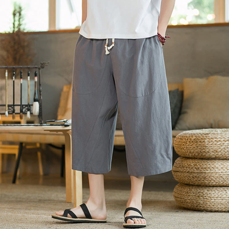 Buddha Stones Solid Color Mid-Length Wide Leg Pants Cotton Men's Wide Leg Pants With Pockets