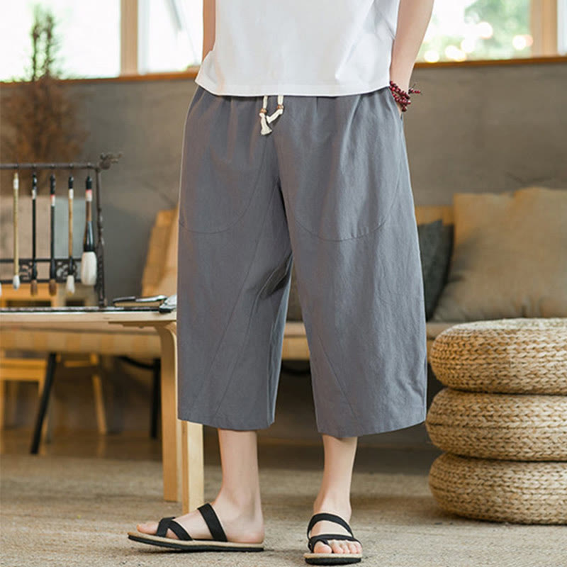 Buddha Stones Solid Color Mid-Length Wide Leg Pants Cotton Men's Wide Leg Pants With Pockets - image 46