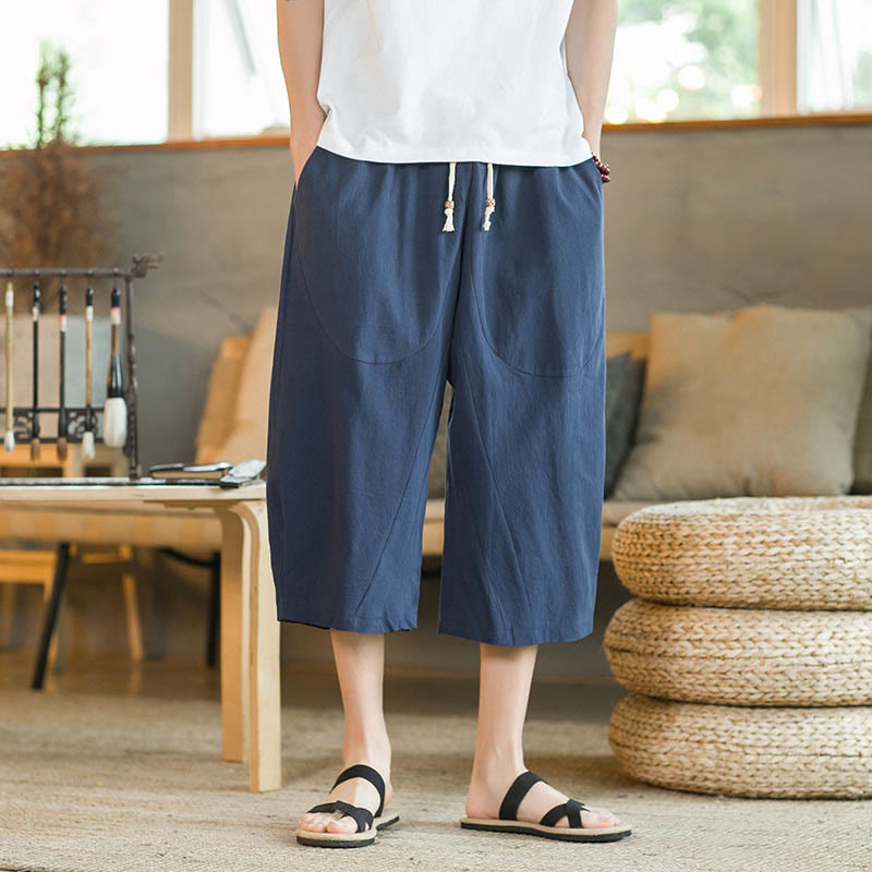 Buddha Stones Solid Color Mid-Length Wide Leg Pants Cotton Men's Wide Leg Pants With Pockets - image 22