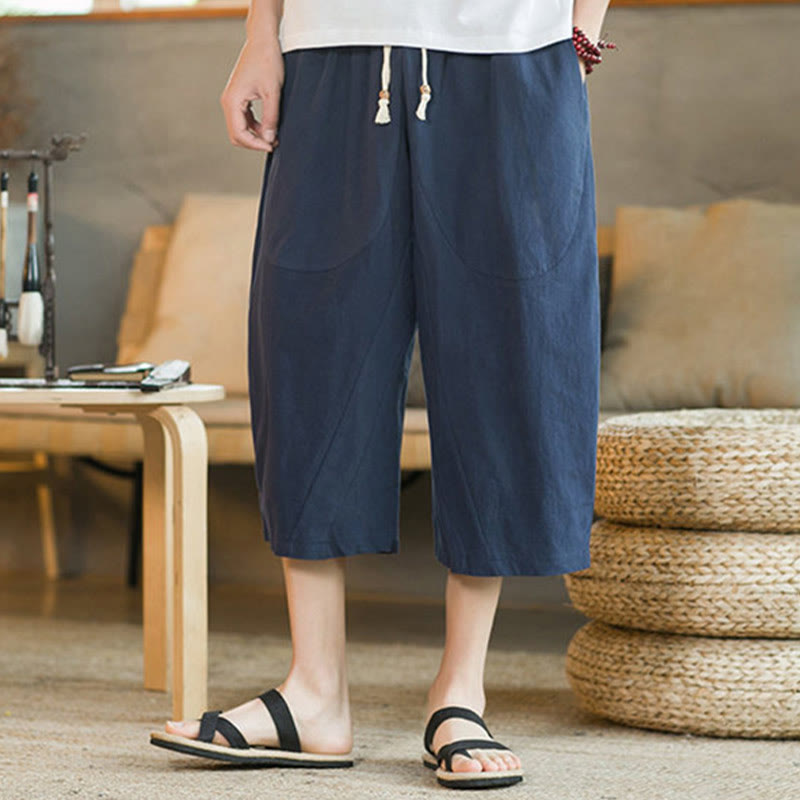 Buddha Stones Solid Color Mid-Length Wide Leg Pants Cotton Men's Wide Leg Pants With Pockets - image 28