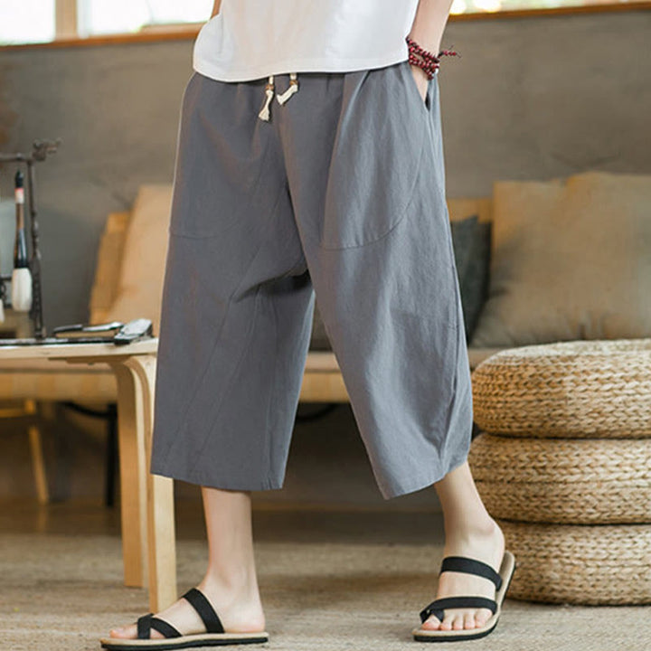 Buddha Stones Solid Color Mid-Length Wide Leg Pants Cotton Men's Wide Leg Pants With Pockets