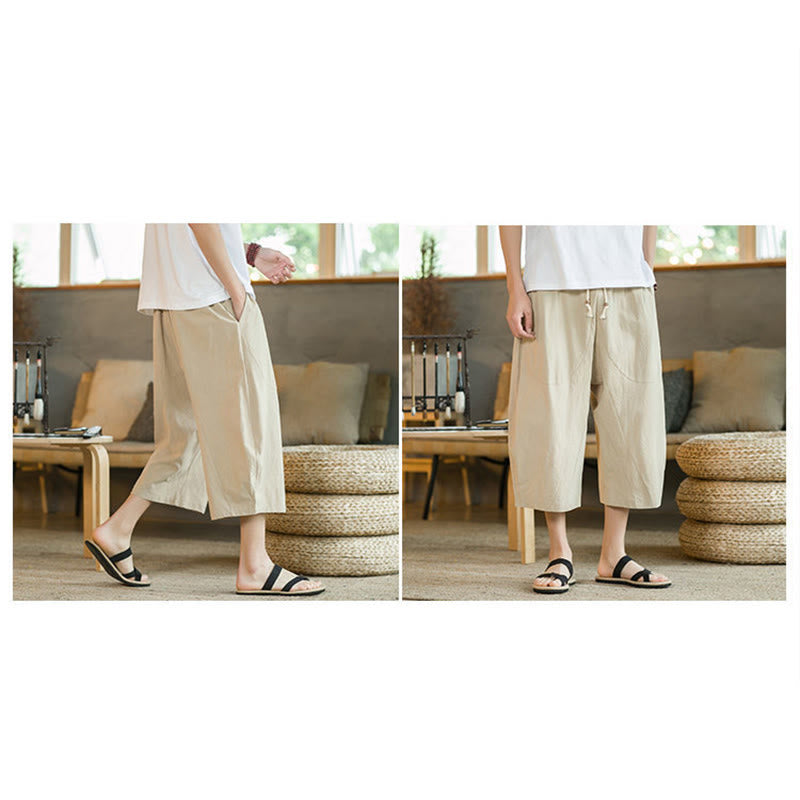 Buddha Stones Solid Color Mid-Length Wide Leg Pants Cotton Men's Wide Leg Pants With Pockets