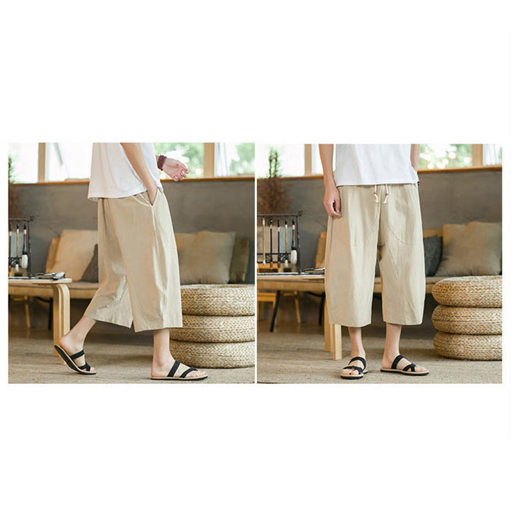 Buddha Stones Solid Color Mid-Length Wide Leg Pants Cotton Men's Wide Leg Pants With Pockets - image 20