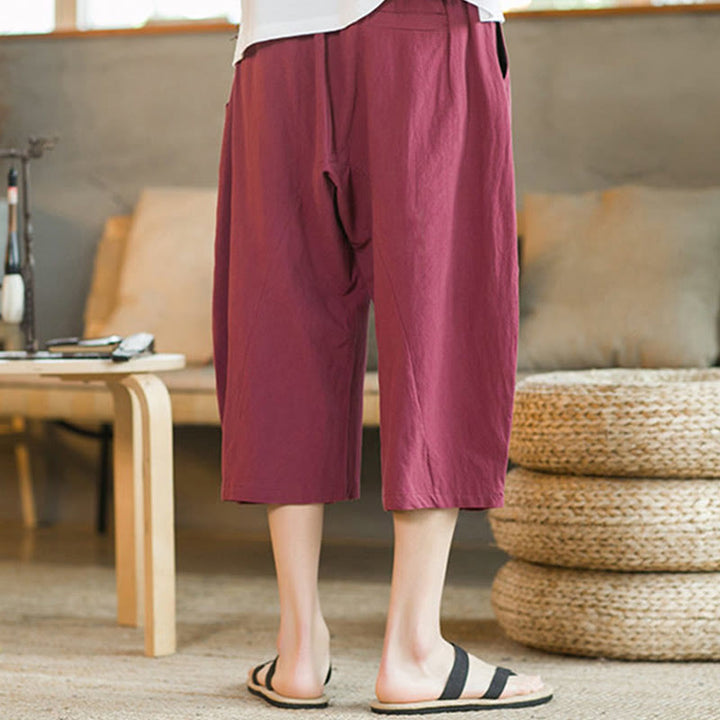 Buddha Stones Solid Color Mid-Length Wide Leg Pants Cotton Men's Wide Leg Pants With Pockets