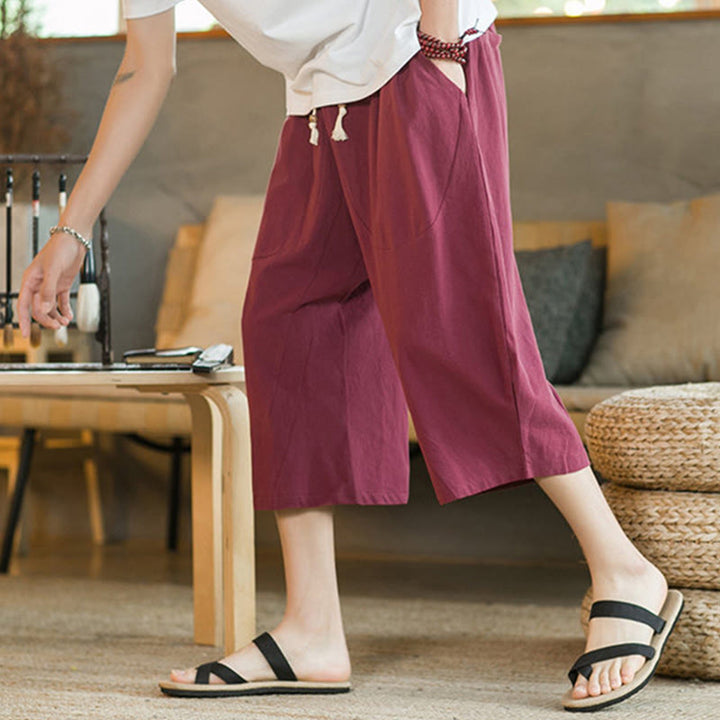 Buddha Stones Solid Color Mid-Length Wide Leg Pants Cotton Men's Wide Leg Pants With Pockets - image 37