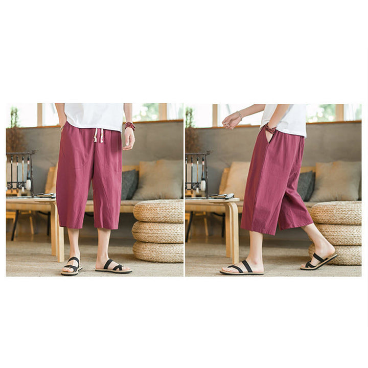 Buddha Stones Solid Color Mid-Length Wide Leg Pants Cotton Men's Wide Leg Pants With Pockets