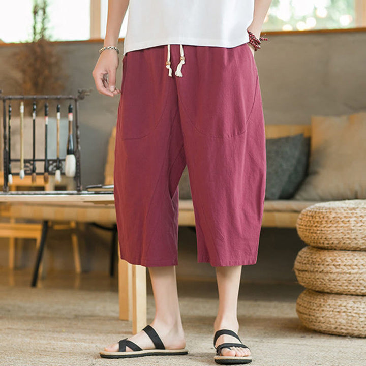 Buddha Stones Solid Color Mid-Length Wide Leg Pants Cotton Men's Wide Leg Pants With Pockets