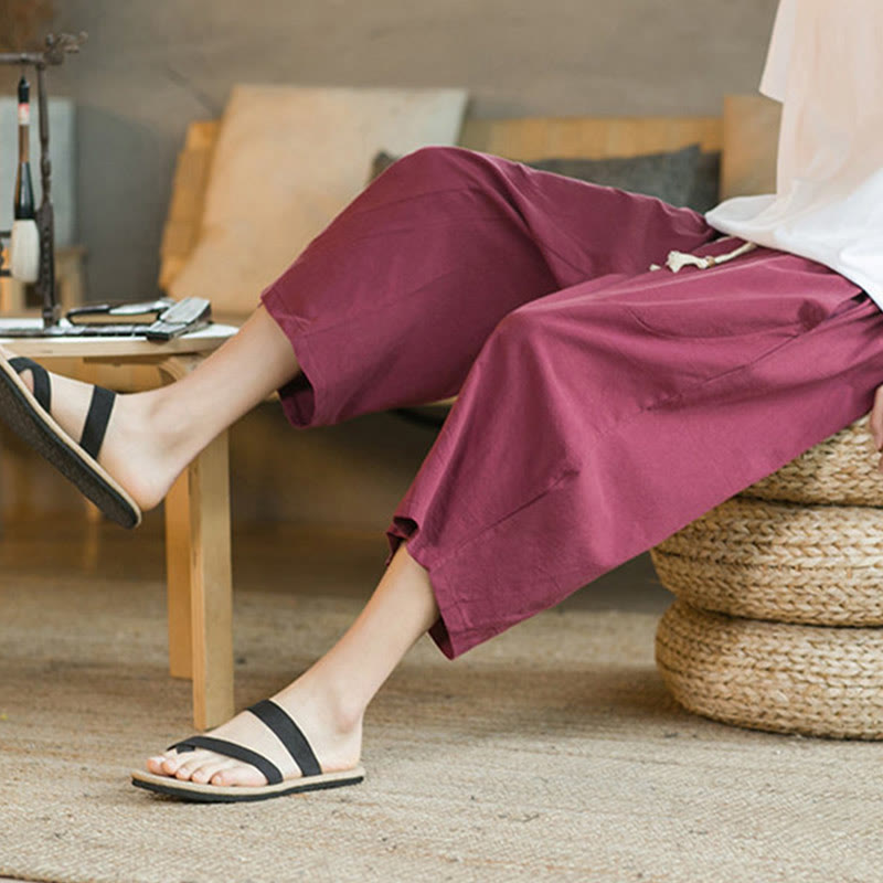 Buddha Stones Solid Color Mid-Length Wide Leg Pants Cotton Men's Wide Leg Pants With Pockets - image 38