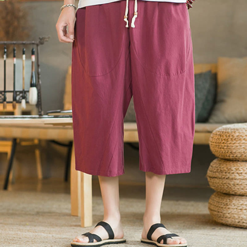 Buddha Stones Solid Color Mid-Length Wide Leg Pants Cotton Men's Wide Leg Pants With Pockets