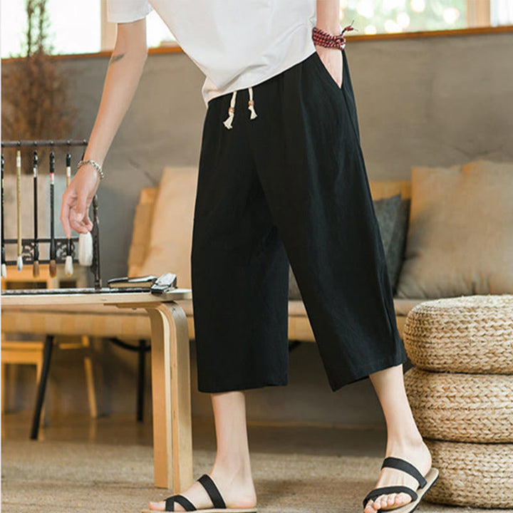 Buddha Stones Solid Color Mid-Length Wide Leg Pants Cotton Men's Wide Leg Pants With Pockets - image 5