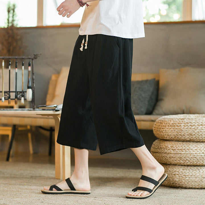 Buddha Stones Solid Color Mid-Length Wide Leg Pants Cotton Men's Wide Leg Pants With Pockets