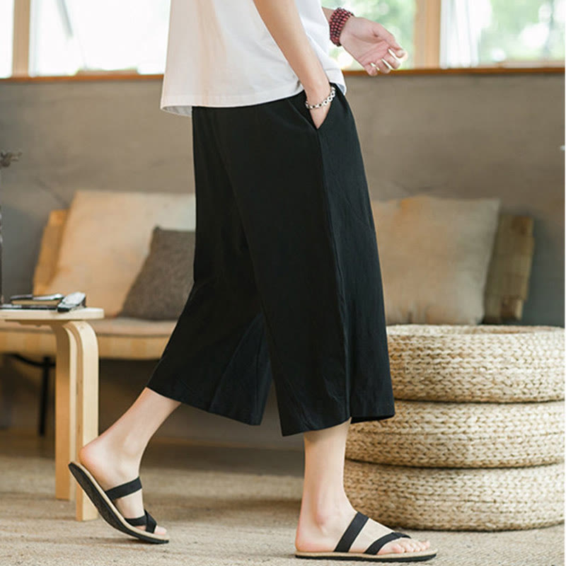 Buddha Stones Solid Color Mid-Length Wide Leg Pants Cotton Men's Wide Leg Pants With Pockets - image 2