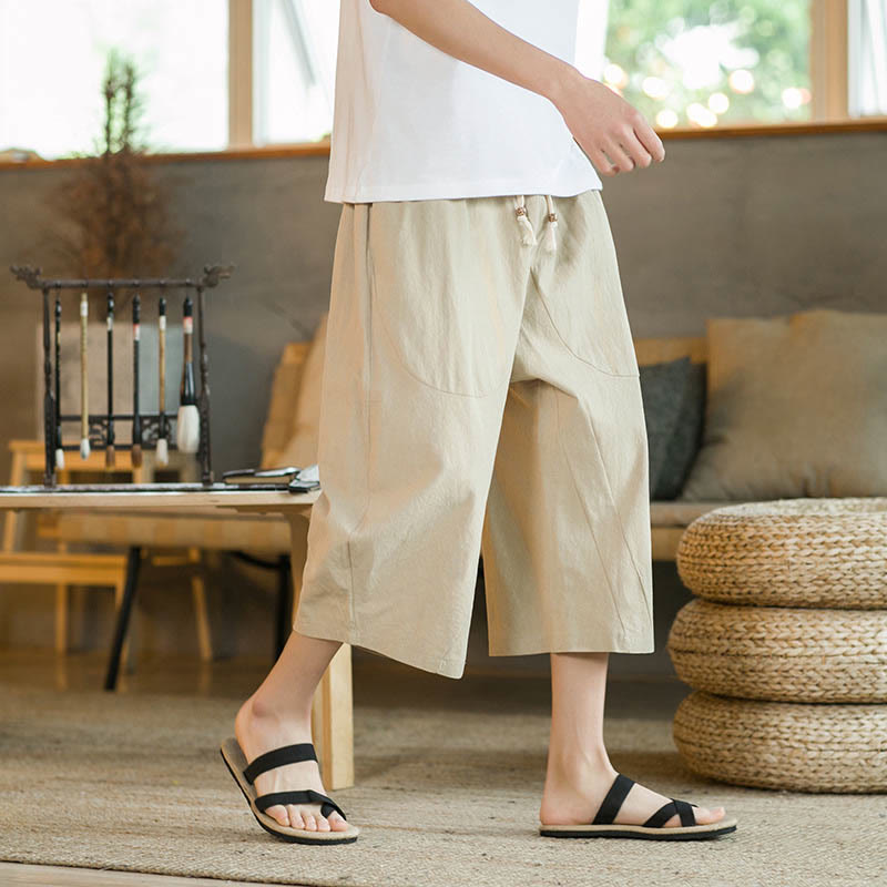 Buddha Stones Solid Color Mid-length Linen Men's Wide Leg Pants With Pockets - Khaki - US/UK/AU46，EU56 (5XL) - image 2