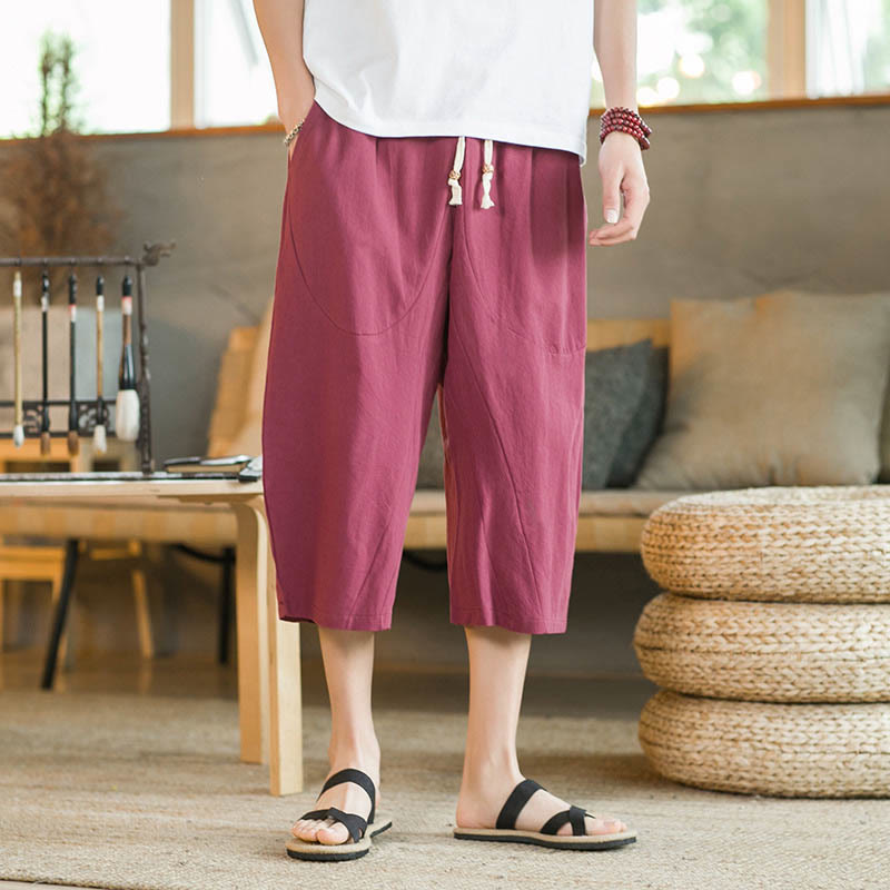 Buddha Stones Solid Color Mid-length Linen Men's Wide Leg Pants With Pockets