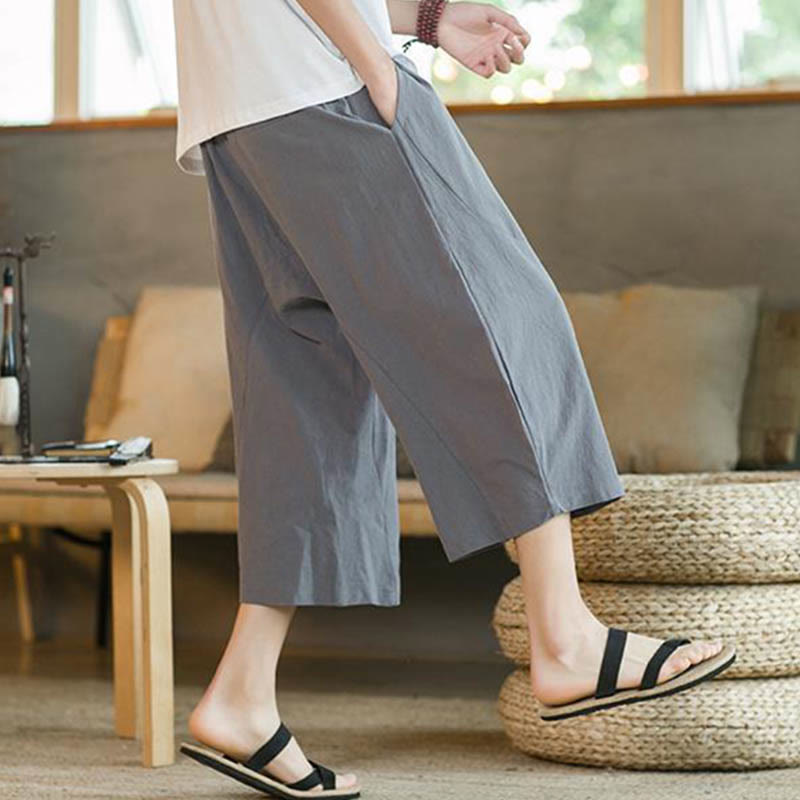 Buddha Stones Solid Color Mid-length Linen Men's Wide Leg Pants With Pockets