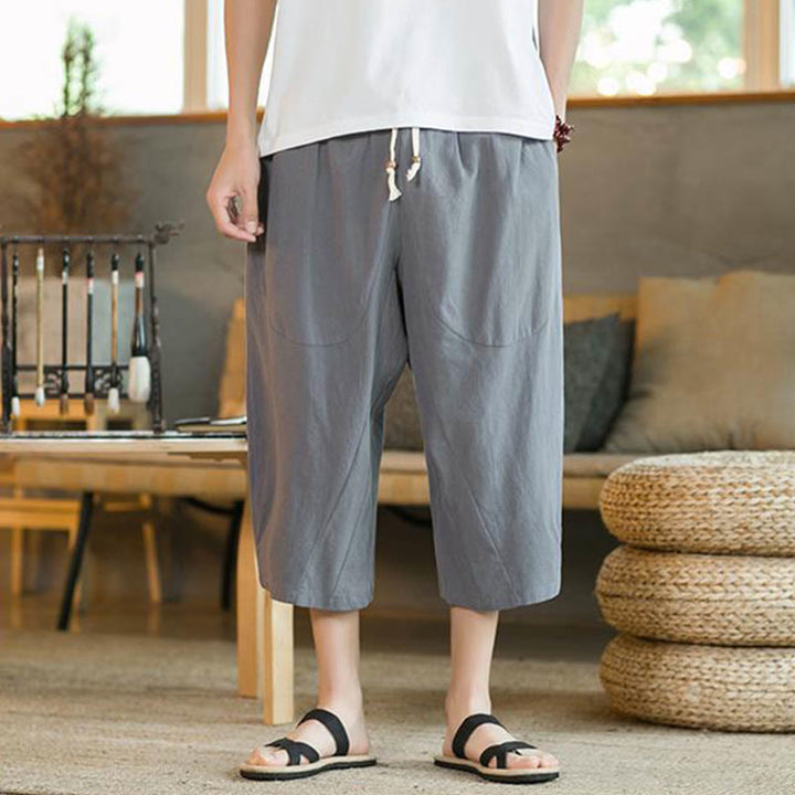 Buddha Stones Solid Color Mid-length Linen Men's Wide Leg Pants With Pockets - image 26