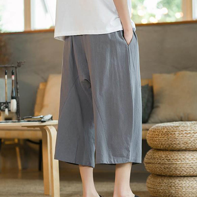 Buddha Stones Solid Color Mid-length Linen Men's Wide Leg Pants With Pockets