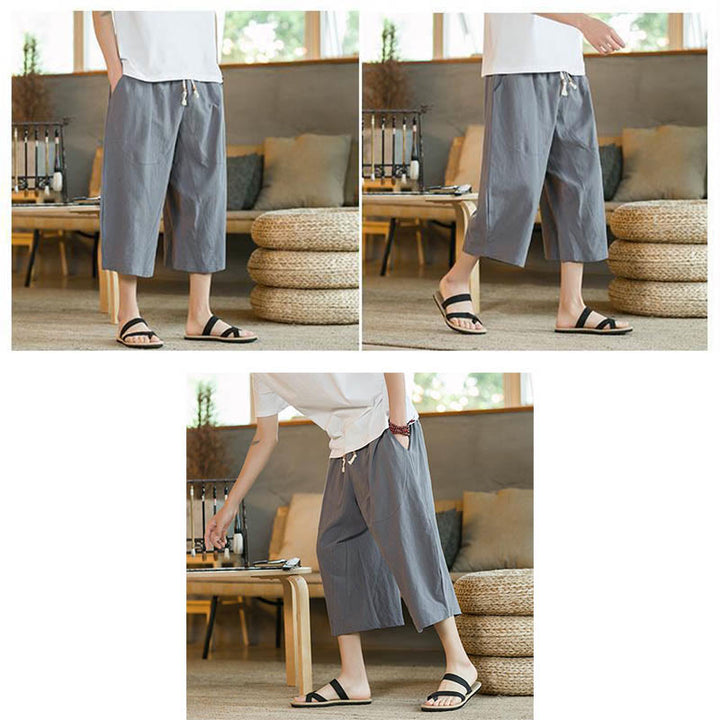 Buddha Stones Solid Color Mid-length Linen Men's Wide Leg Pants With Pockets