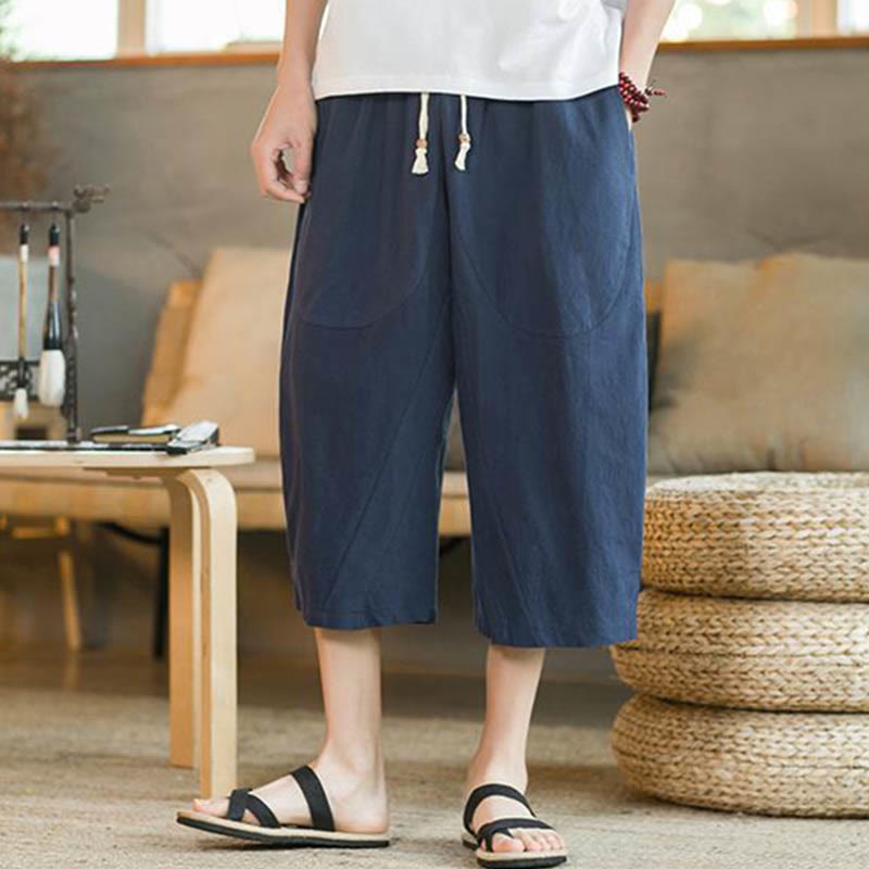 Buddha Stones Solid Color Mid-length Linen Men's Wide Leg Pants With Pockets