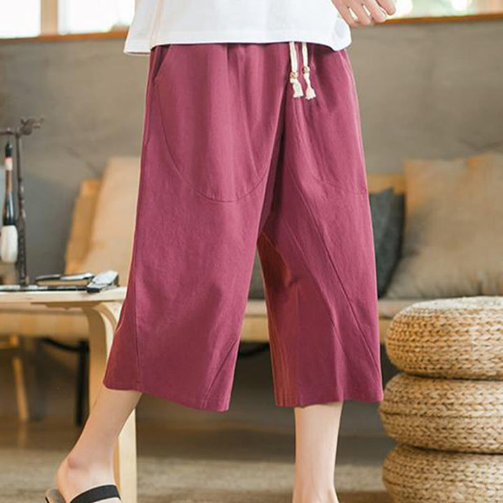 Buddha Stones Solid Color Mid-length Linen Men's Wide Leg Pants With Pockets