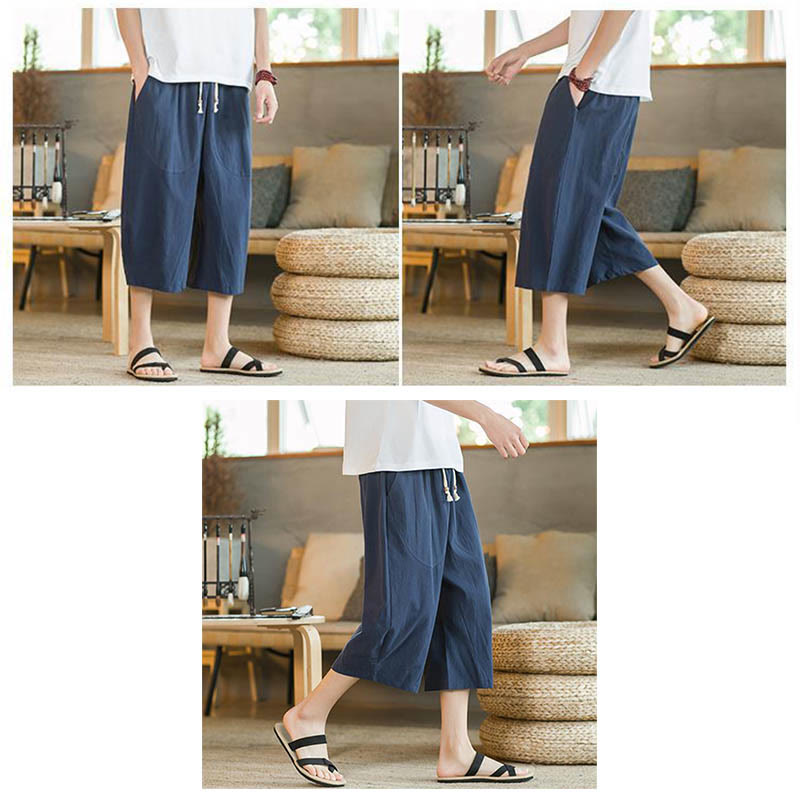 Buddha Stones Solid Color Mid-length Linen Men's Wide Leg Pants With Pockets