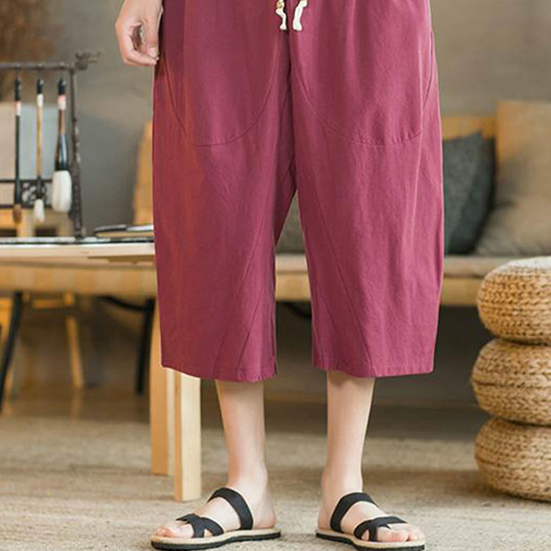 Buddha Stones Solid Color Mid-length Linen Men's Wide Leg Pants With Pockets