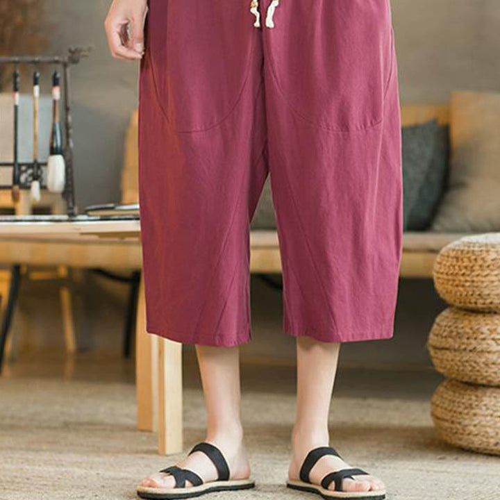 Buddha Stones Solid Color Mid-length Linen Men's Wide Leg Pants With Pockets - image 20