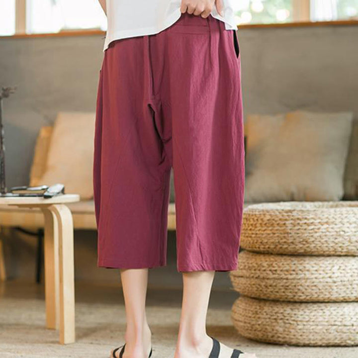Buddha Stones Solid Color Mid-length Linen Men's Wide Leg Pants With Pockets - image 19