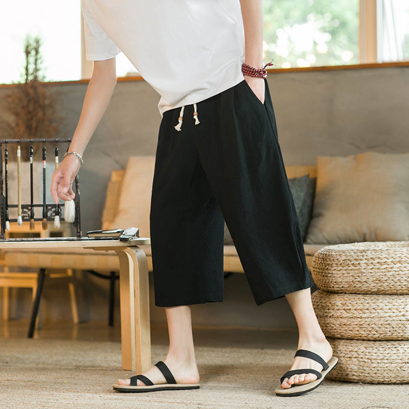Buddha Stones Solid Color Mid-length Men's Wide Leg Pants With Pockets - image 1