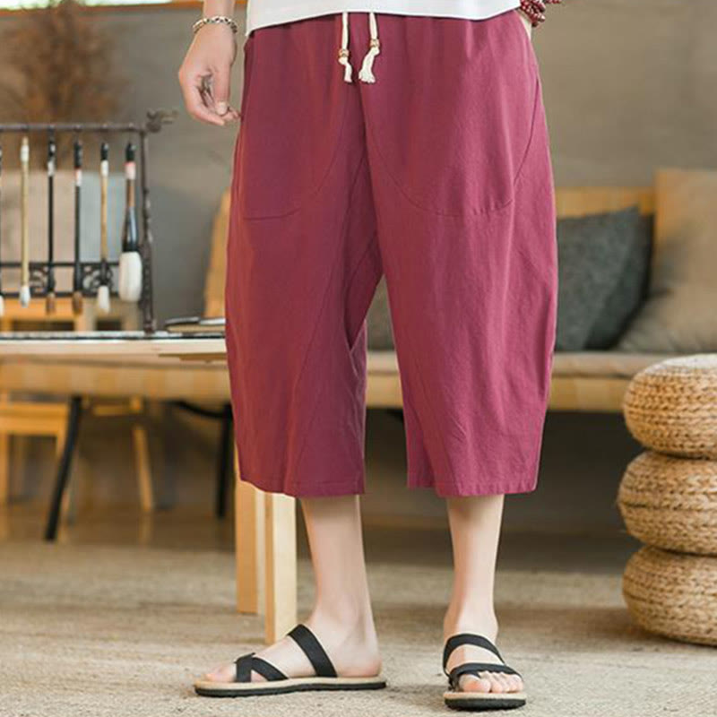 Buddha Stones Solid Color Mid-length Linen Men's Wide Leg Pants With Pockets - image 17