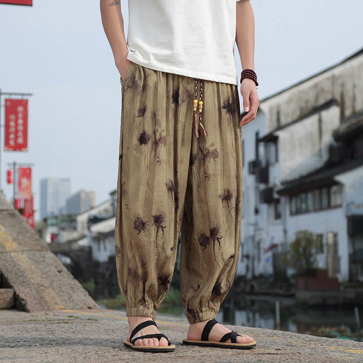 Buddha Stones Leaf Pattern Loose Men's Harem Pants With Pockets