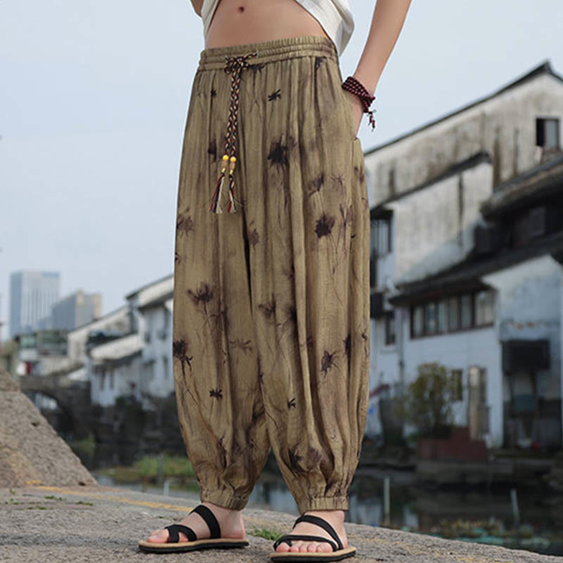 Buddha Stones Leaf Pattern Loose Men's Harem Pants With Pockets