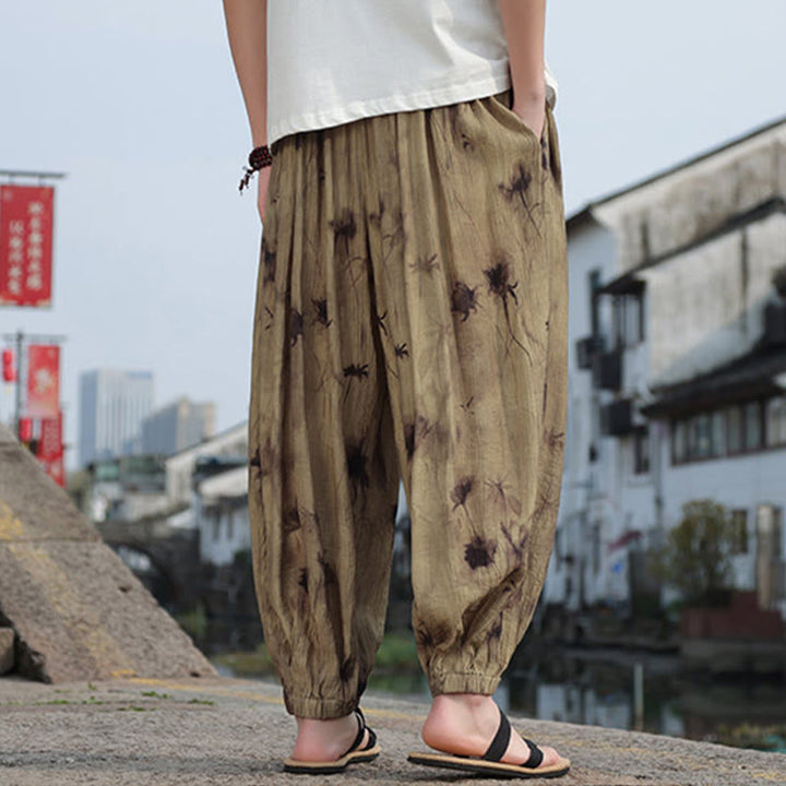 Buddha Stones Leaf Pattern Loose Men's Harem Pants With Pockets