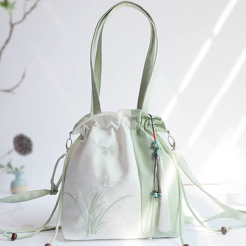 Buddha Stones Embroidered Grass Flowers Cherry Blossom Canvas Tote Crossbody Bag Shoulder Bag Handbag - Green White Grass 28*30cm - image 0